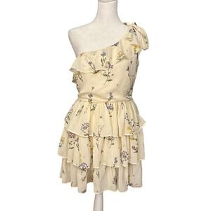 Lulus Women Perfect Posy Cream Floral Print One-Shoulder Ruffled Mini Dress Sz M
